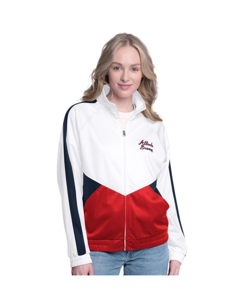Women's White/Navy Atlanta Braves Rally Rhinestone Raglan Full-Zip Track Jacket