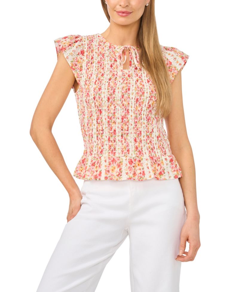 Women's Printed Tie-Neck Smocked Top