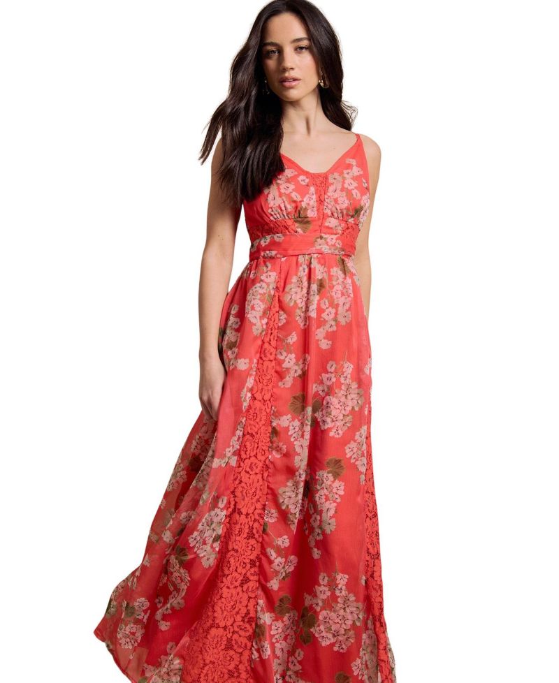 Women's Floral-Print Pleated Lace Maxi Dress