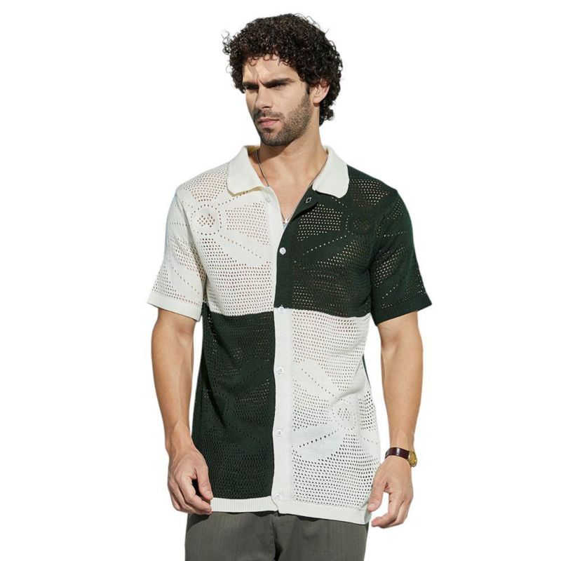 Men's Emerald Green & Cream White Block Open-Knit Polo Shirt