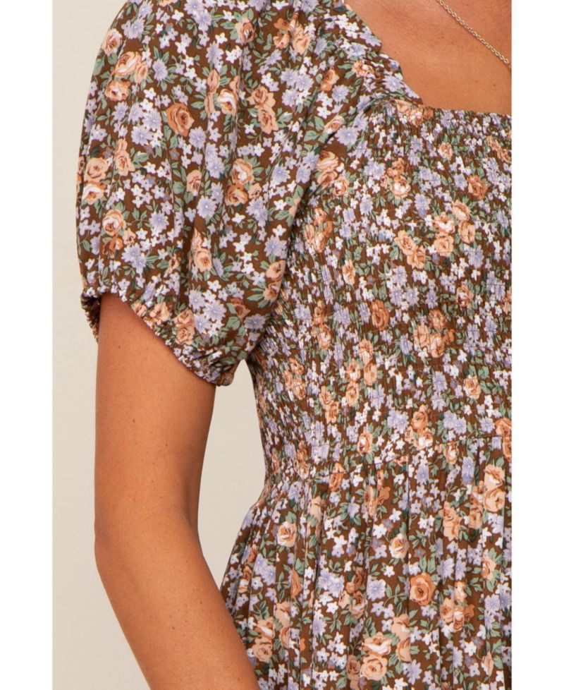 Women's Pink Floral Smocked Puff Sleeve Midi Dress