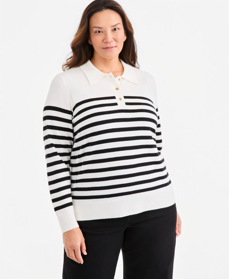 Plus Size Striped Long-Sleeve Polo Sweater