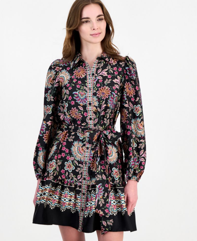 Women's Floral-Print Tiered Long-Sleeve Shirt Dress