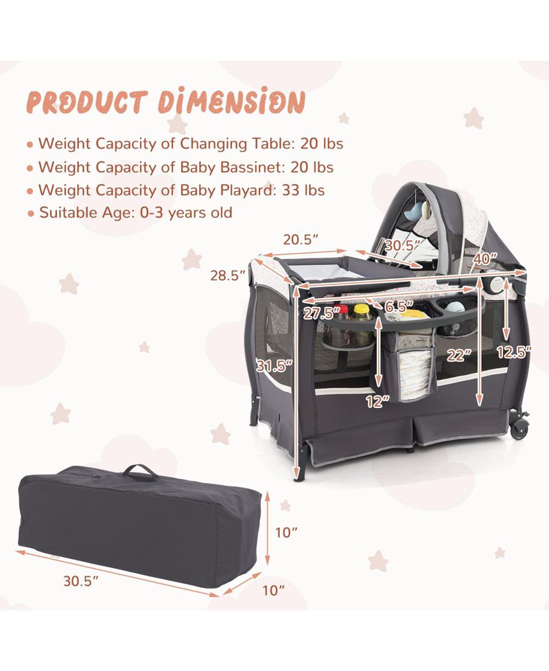 Kids 4 in 1 Portable Pack and Play Nursery Center with Bassinet-Heart