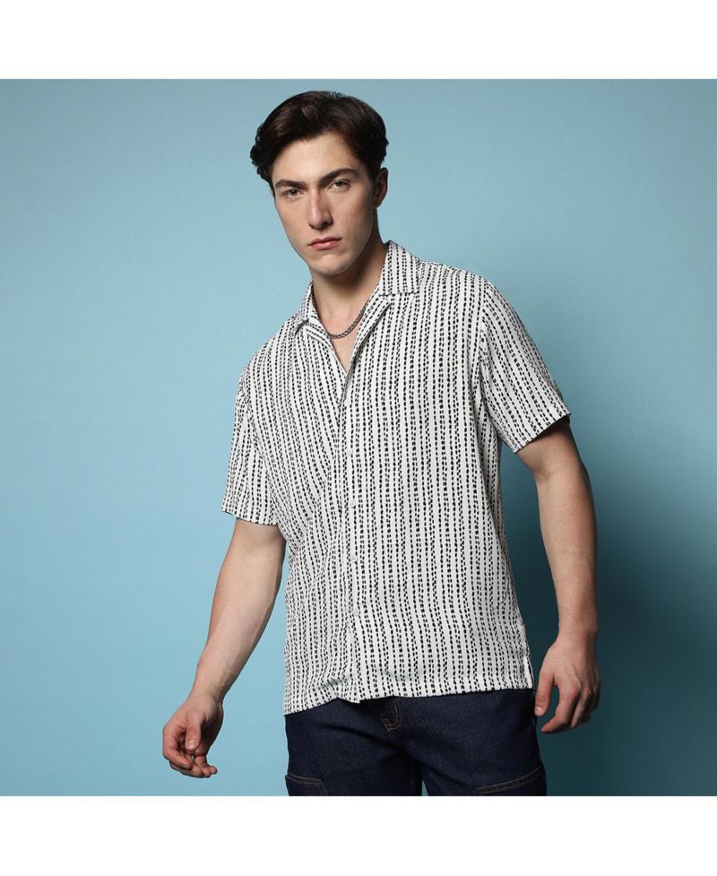 Men's Ivory White Dot Lined Shirt