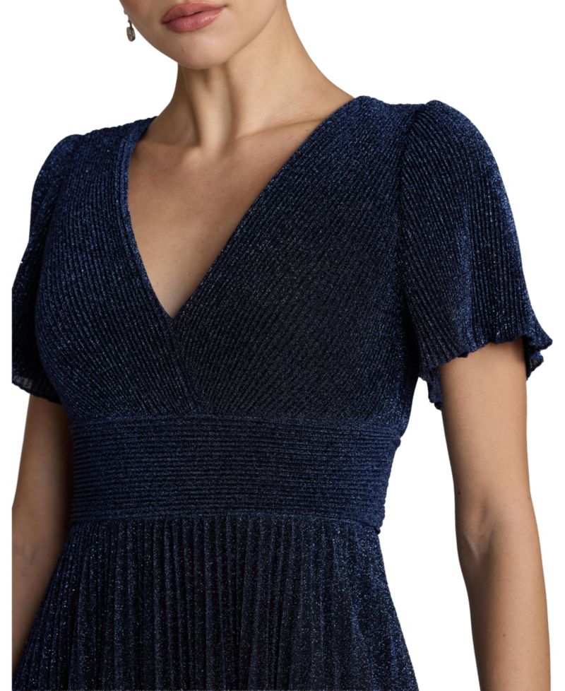 Women's Pleated Metallic Flutter Sleeve A Line Gown