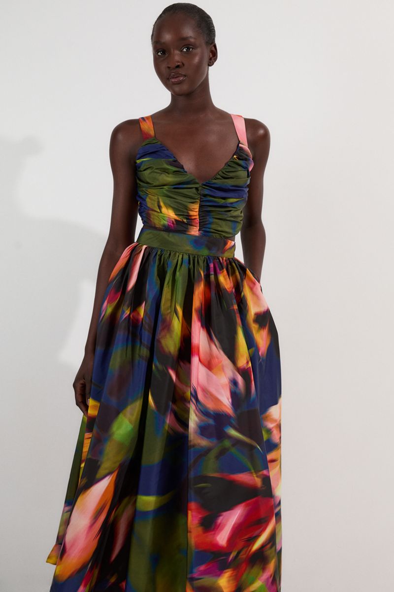 Women's Blurred Floral Taffeta Maxi Dress