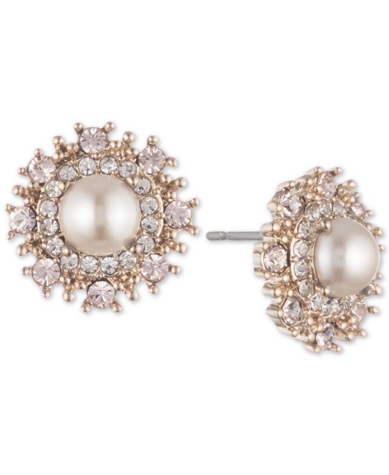 Gold-Tone Cubic Zirconia & Imitation Pearl Button Earrings