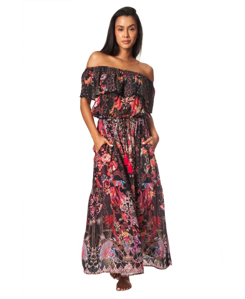 Women's Off Shoulder Cinched Waist Maxi Dress