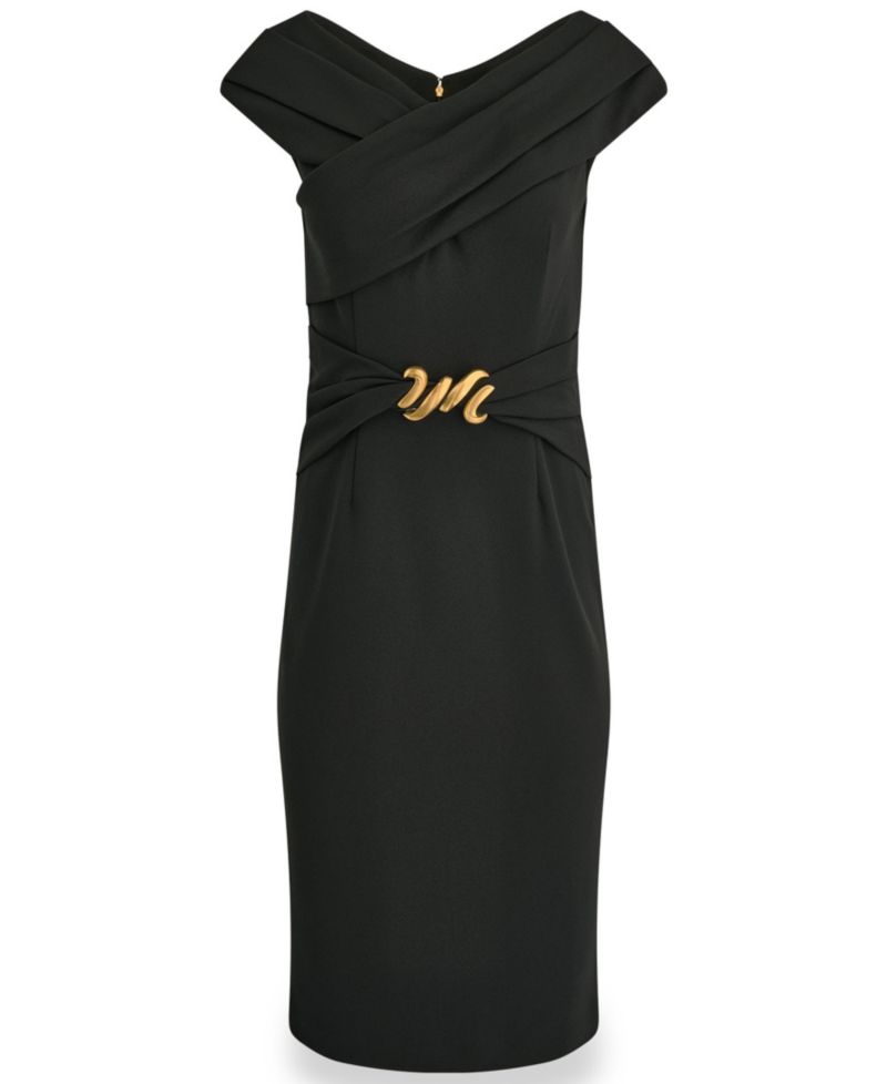 Women's Portrait Neck Sheath Midi Dress With Hardware