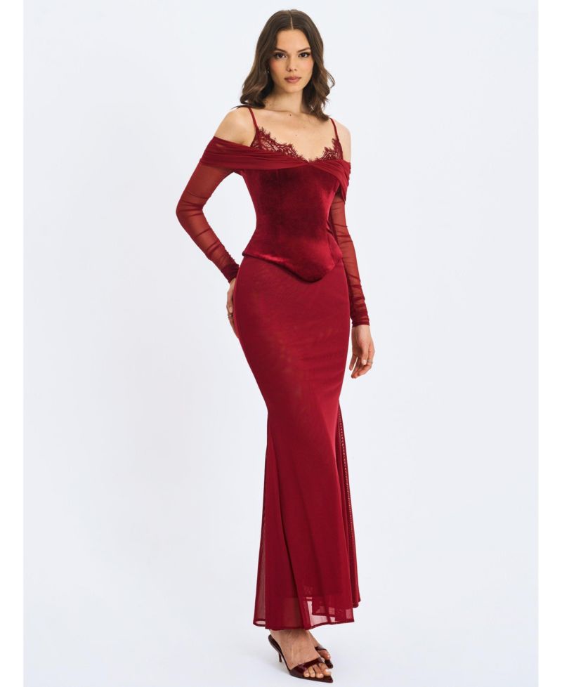 Women's Maybelle Magenta Bardot Lace Strap Peplum Maxi Dress