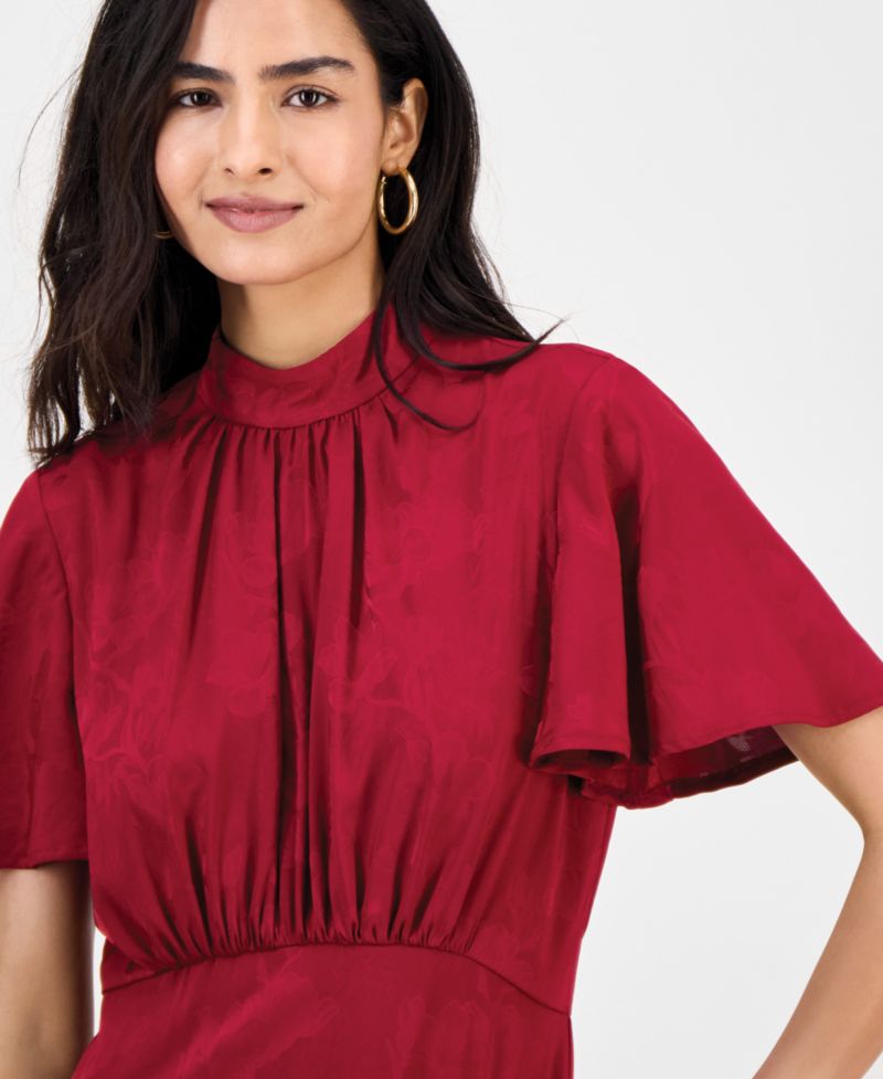 Women's High-Neck Flounce-Sleeve Midi Dress