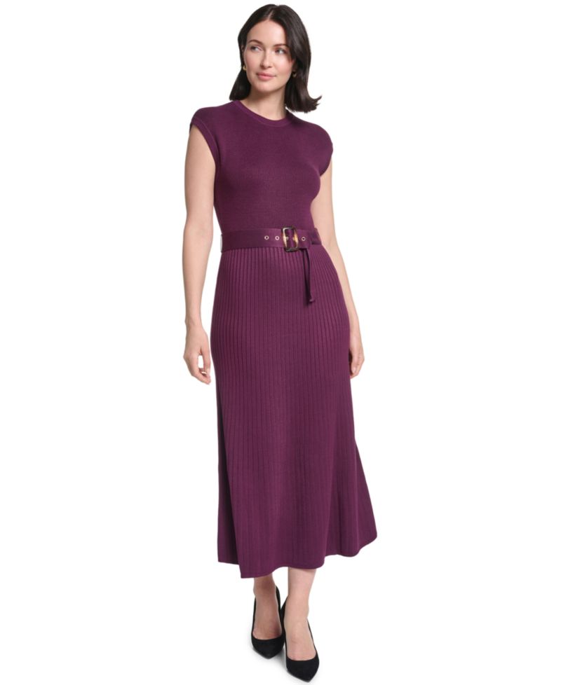 Petite Belted Midi Ribbed Dress