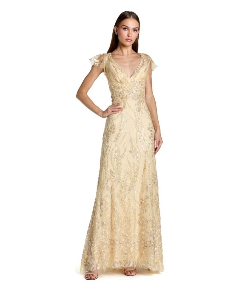 Petite V Neck Flutter Sleeve Floral Embroidered Gown