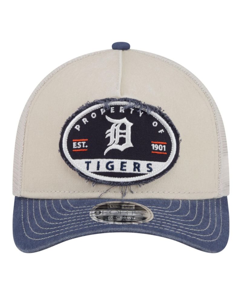 Men's Light Beige/Navy Detroit Tigers Frayed M-Crown A-Frame 9FORTY Trucker Adjustable Hat