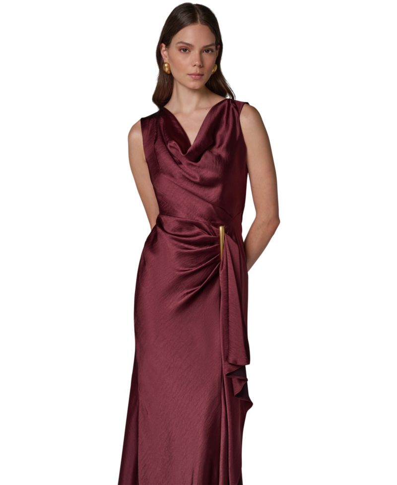 Women's Sleeveless Cowl Neck Satin Ruched Gown