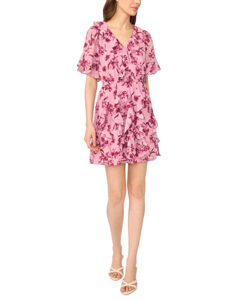 Women's Waterfall Ruffle Short-Sleeve Mini Floral V-Neck Dress