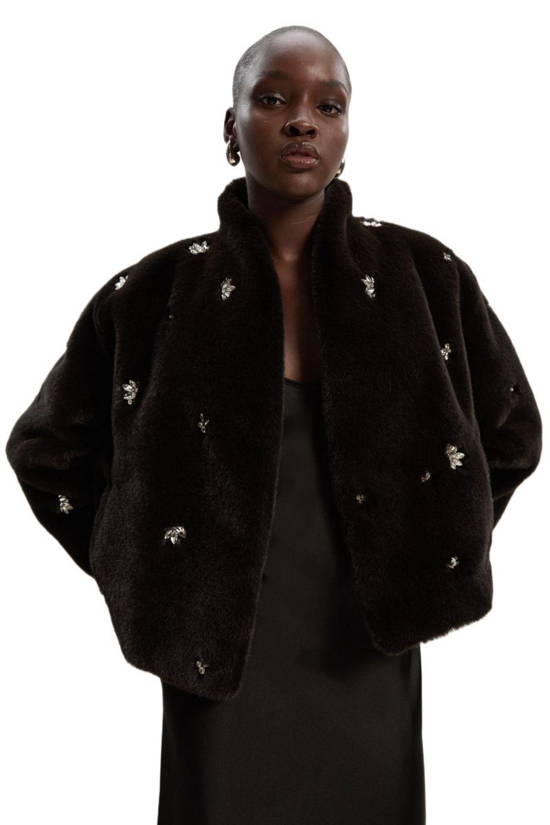 Women's Crystal Embellished Faux Fur Short Coat