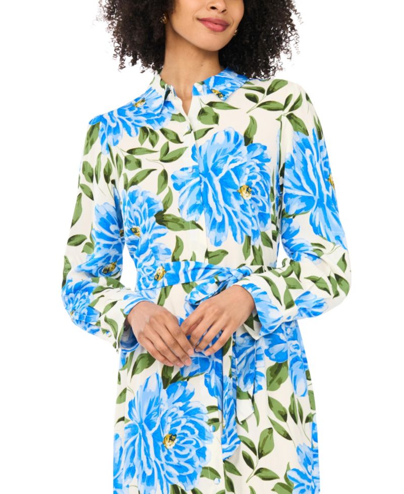 Women's Floral Collared Long-Sleeve Maxi Dress