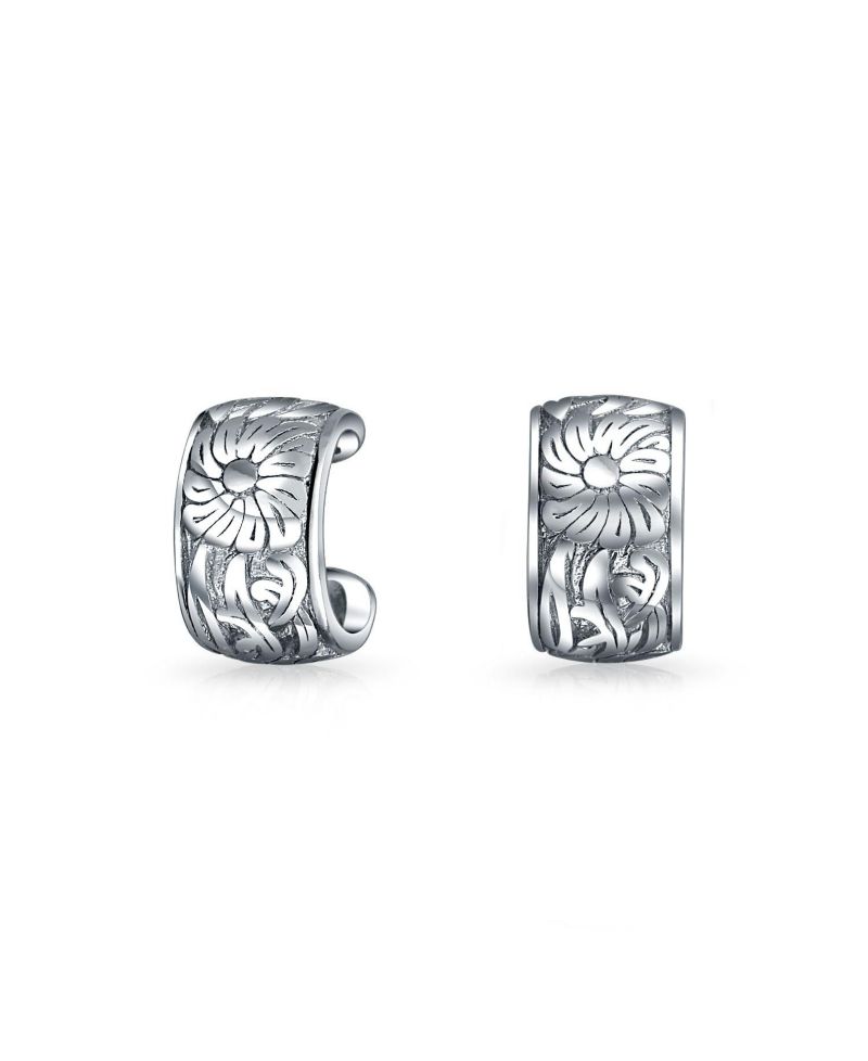 Flower Leaves Cartilage Band Sunflower Ear Cuffs Earrings Sterling Silver