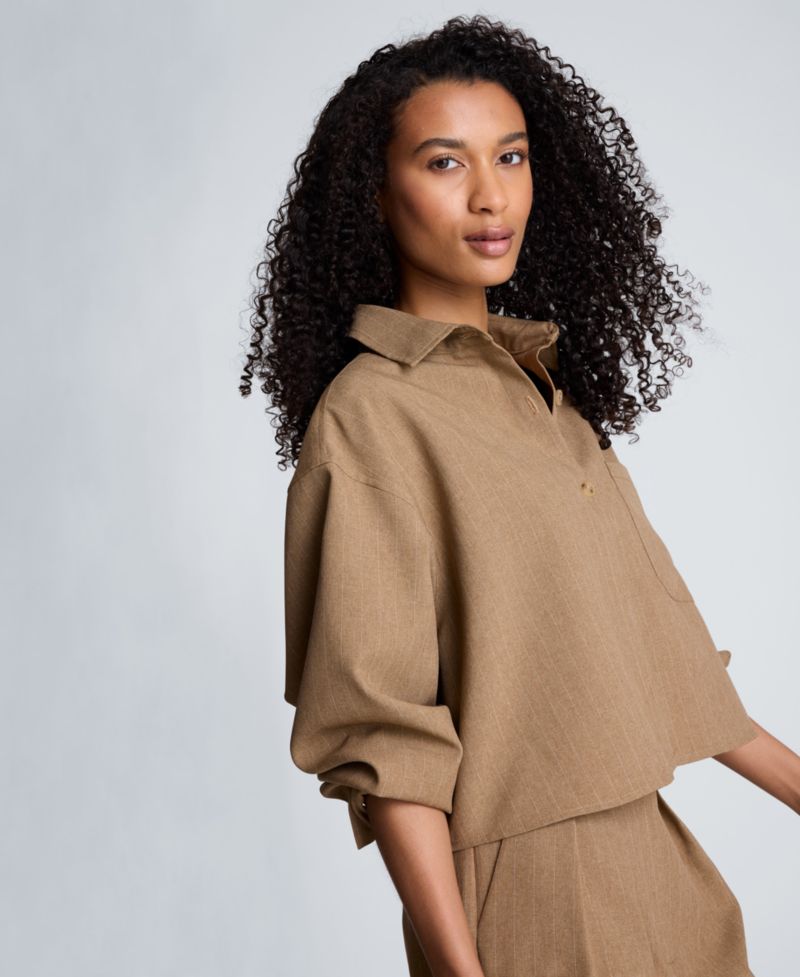 Women's Oversized Collared Long-Sleeve Crop Shirt