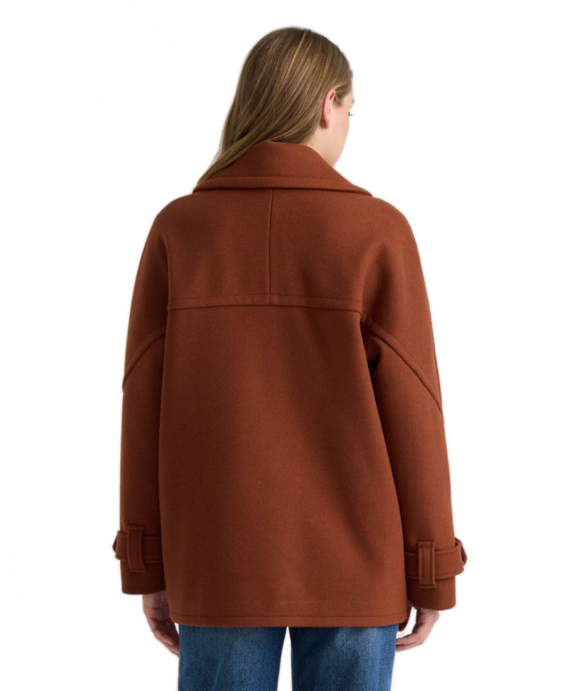 Women's Faux Wool Db Short Coat with Large Notch Collar and Cuff Tab