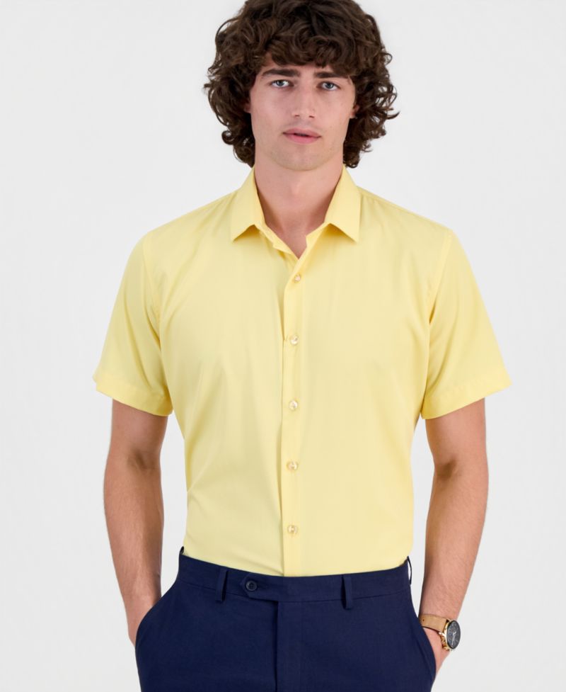 Men's Slim-Fit Four-Way Stretch Solid Short-Sleeve Dress Shirt