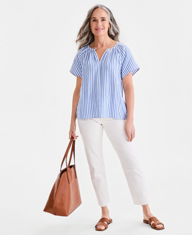 Petite Slit V-Neck Raglan-Sleeve Cotton Top