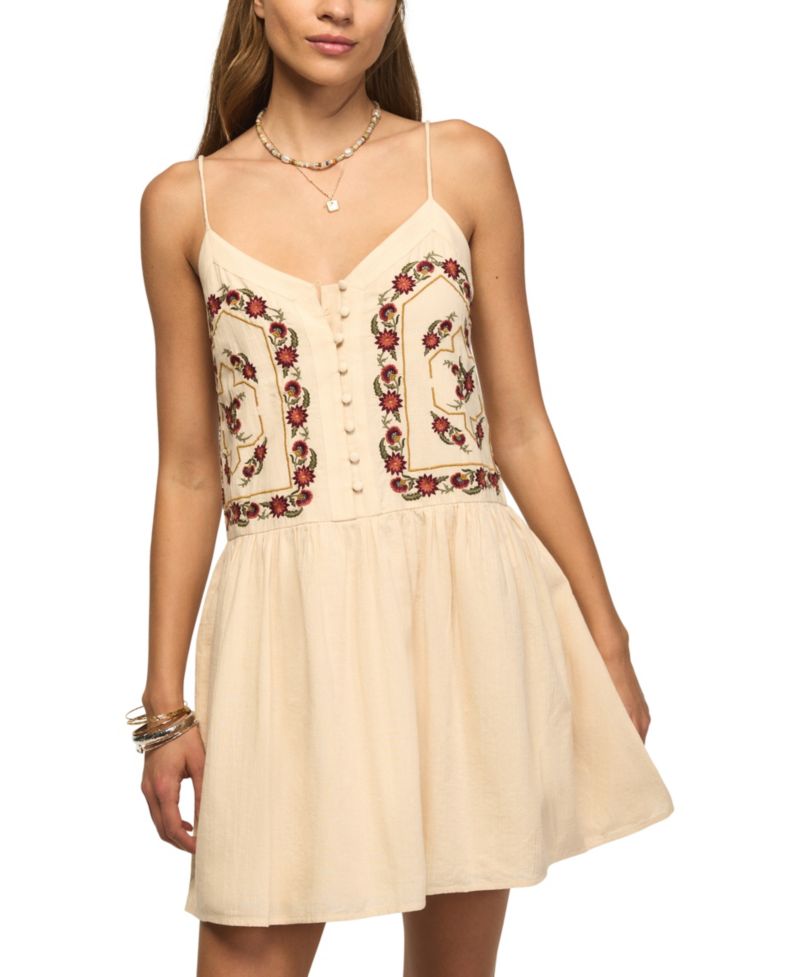 Women's Contrast Embroidered Button-Front Mini Dress