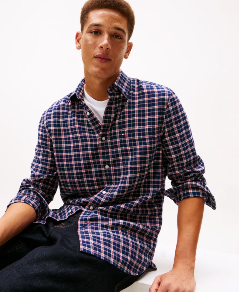 Men's Brushed Linen-Blend Medium Check Shirt