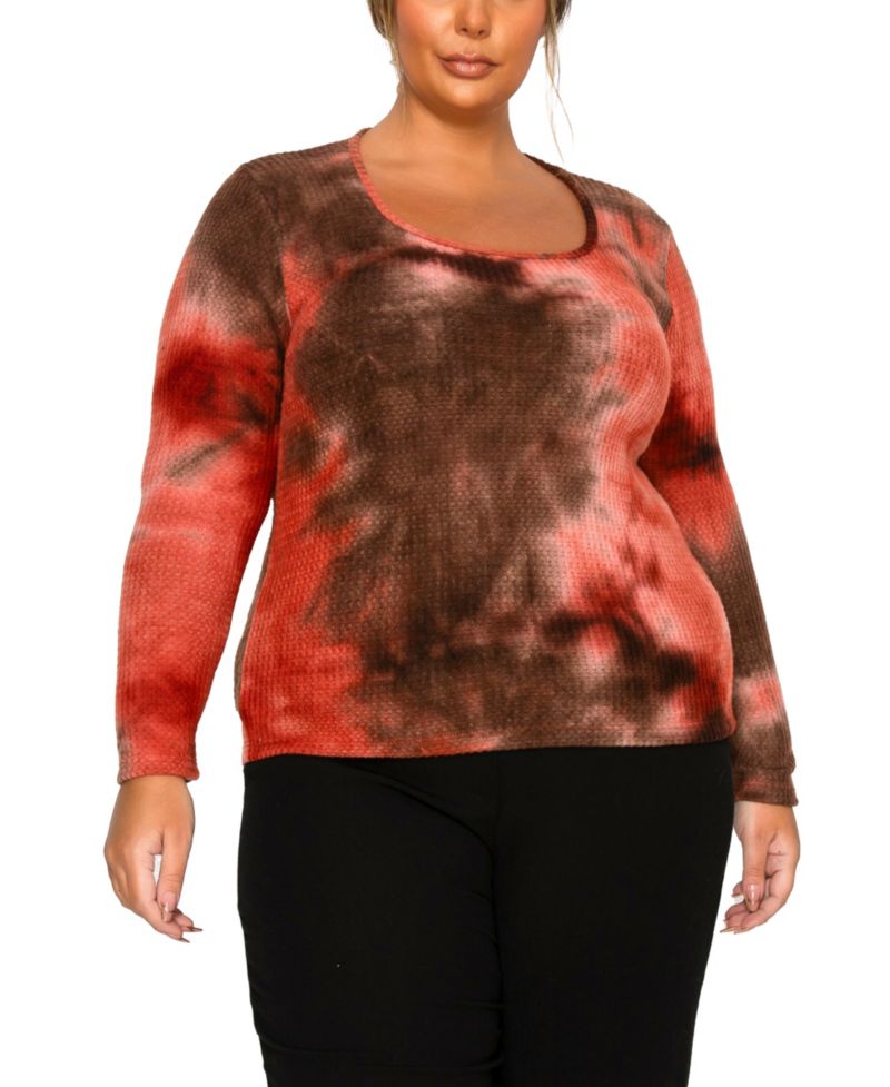 Plus Size Brushed Tie Dye Waffle Square Neck Top