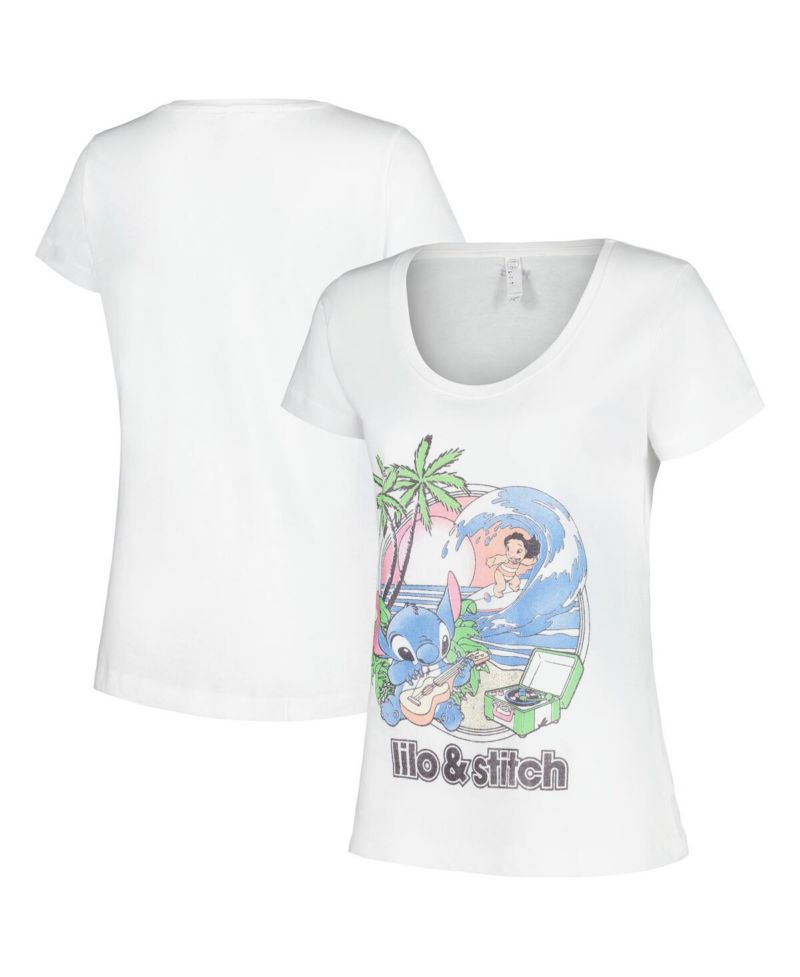 Women's White Lilo and Stitch Beach Duo Scoop Neck T-Shirt