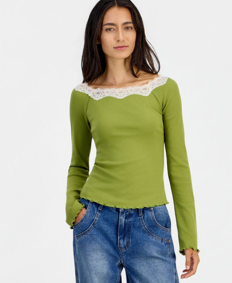Petite Lace-Trim Scoop-Neck Long-Sleeve Top