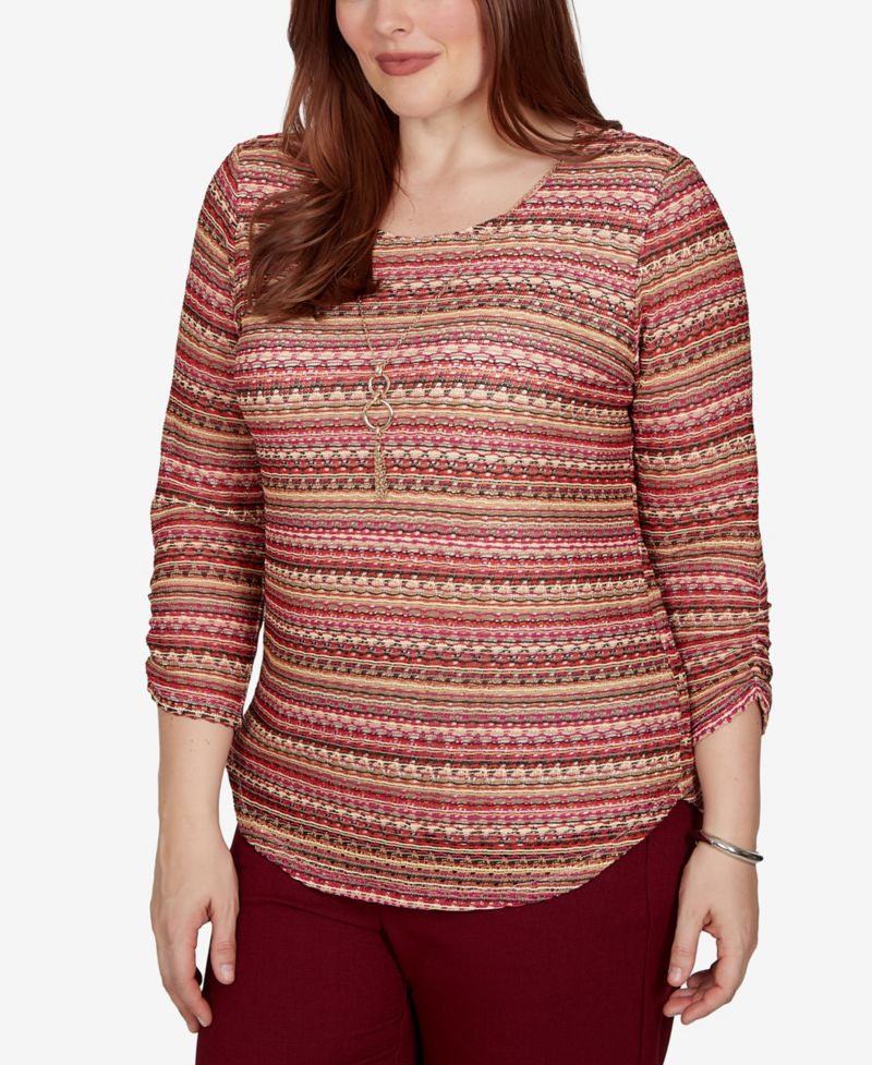 Petite Union Square Spacedye-Stripe 3/4-Sleeve Top with Necklace