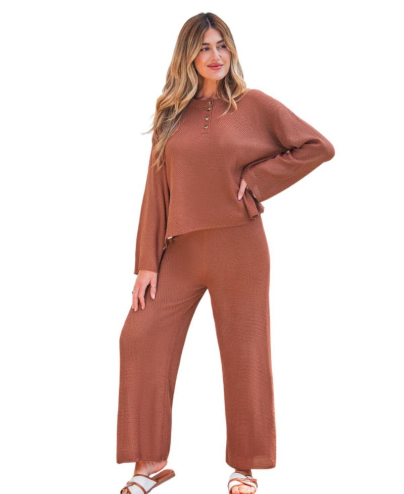 Women's Waffle-Knit Henley Top and Wide-Leg Pants Set