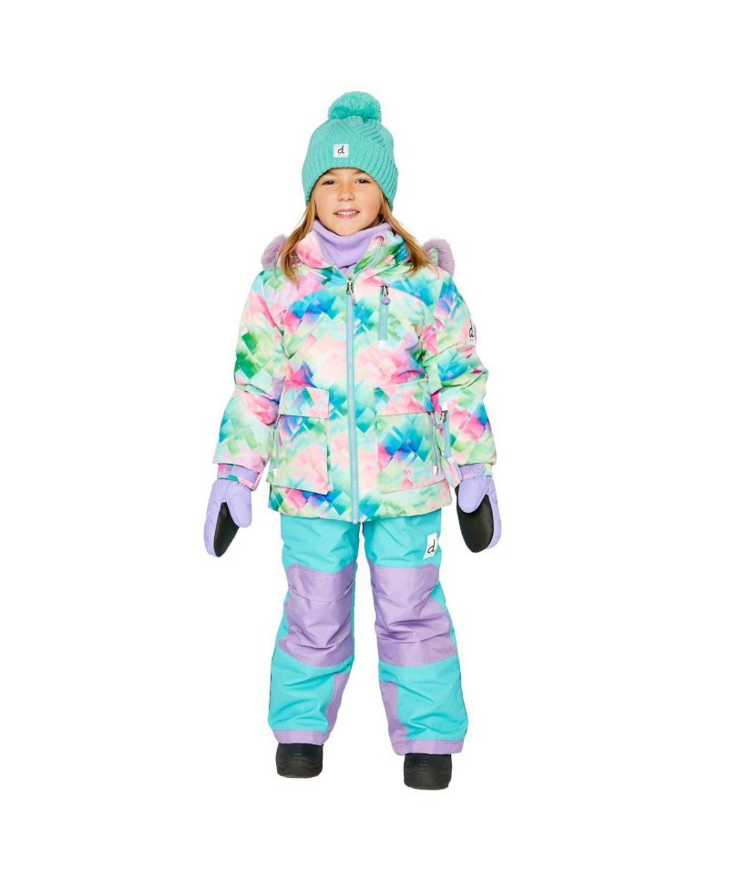 Big Girls Girl(6-14) Two Piece Play Snowsuit Multicolored with A Diamond Pattern with Turquoise and Purple Pants