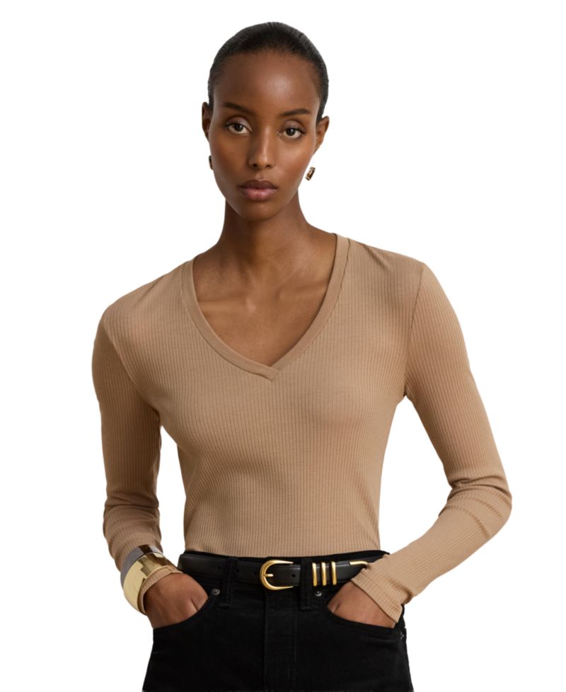 Women's Rib-Knit Long-Sleeve V-Neck Top