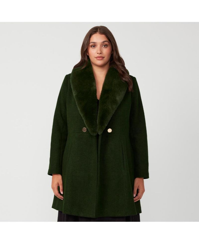 Women's Grammys Green Olive Fur Collar Coat