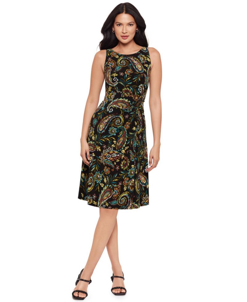 Women's Paisley Print Jewel Neck Midi Shaping Dress
