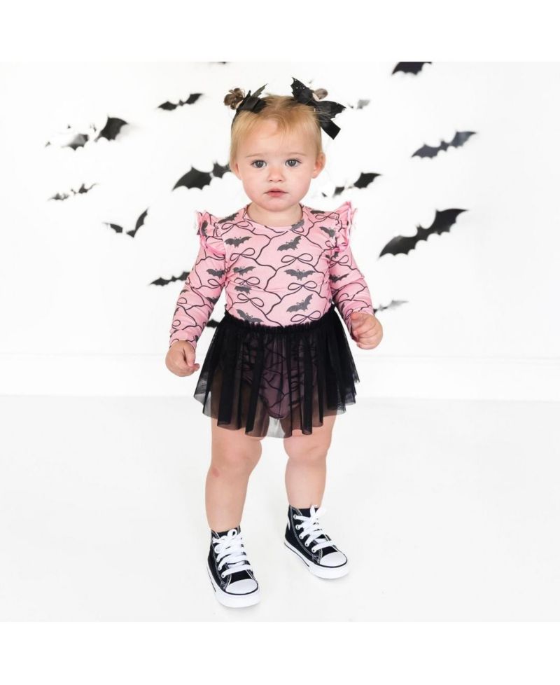 Baby Girls Bat Trellis Printed Halloween Long Sleeve Tutu Bodysuit