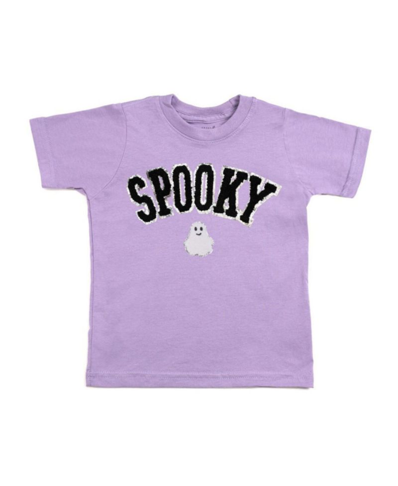 Little Girls Spooky Ghost Patch Halloween Short Sleeve T-Shirt