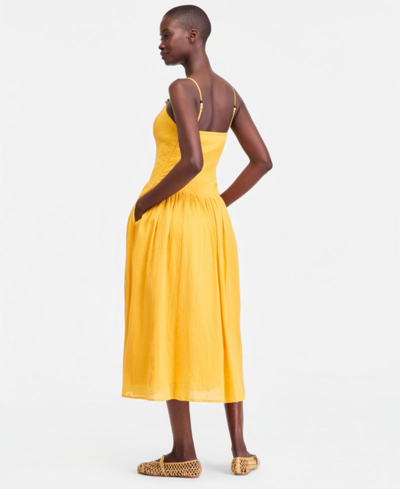 Women's Cotton Gauze Curved-Waist Mixed-Media Midi Dress