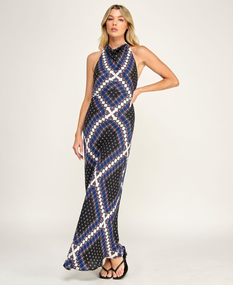 Juniors' Printed Halter Neck Maxi Dress