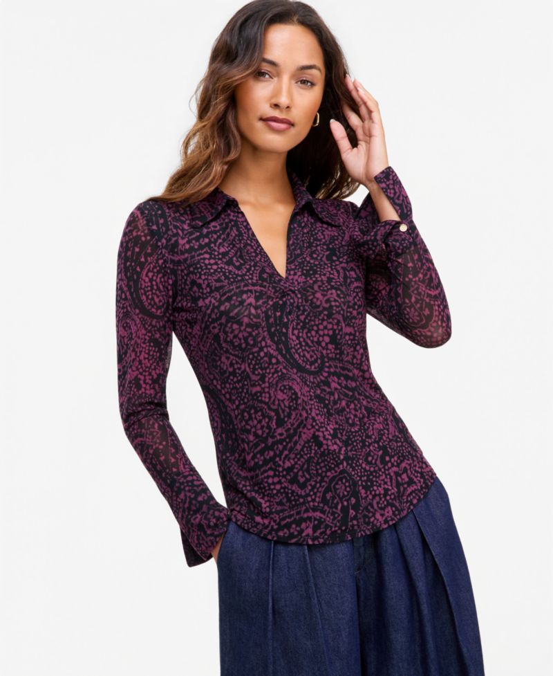 Women's Collared Printed V-Neck Long-Sleeve Mesh Top