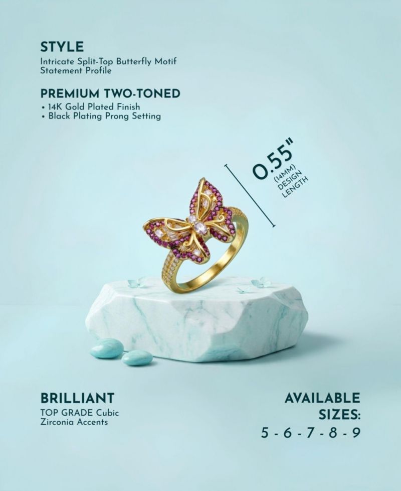 Unique 14K Gold Plated CZ Butterfly Chic Split Top Ring