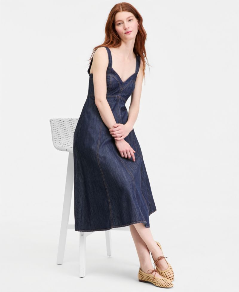 Women's Denim Sweetheart-Neck Midi Dress