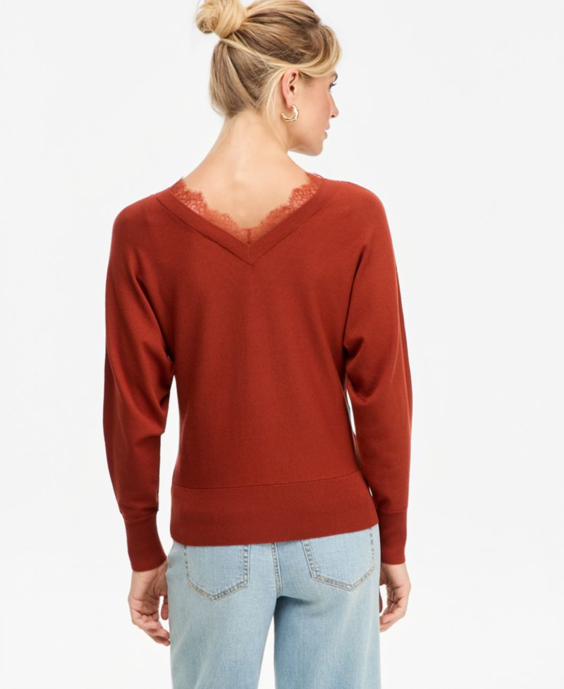 Petite Lace Trim Double V Neck Dolman Long-Sleeve Viscose-Blend Sweater