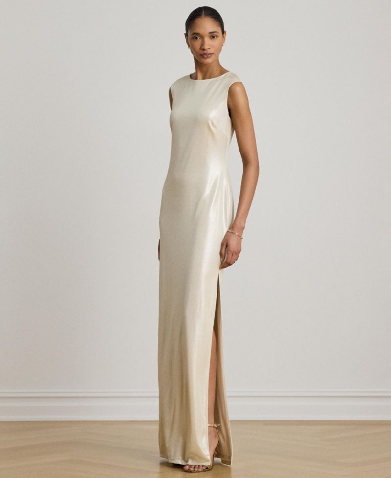 Metallic Jersey Boatneck Gown