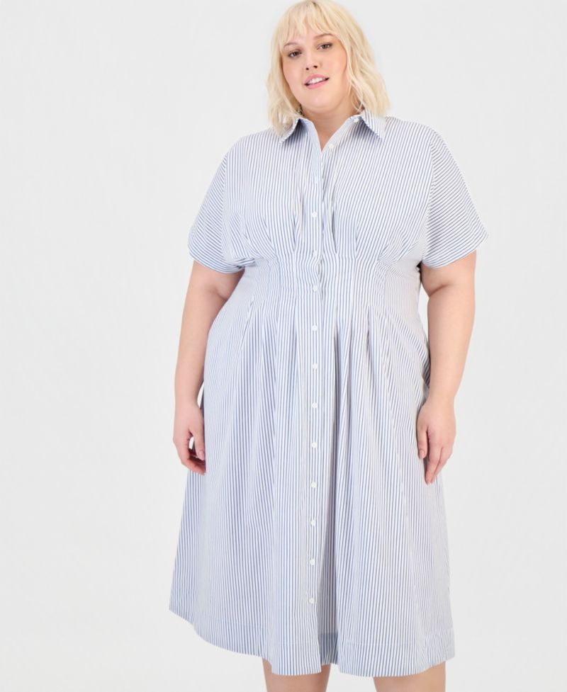 Trendy Plus Size Pinstriped Pleated-Waist Midi Shirtdress