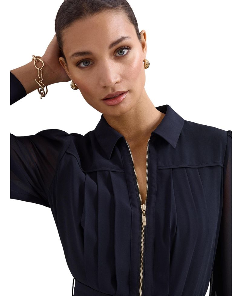 Women's Pleated Zip Long-Sleeve Mini Dress